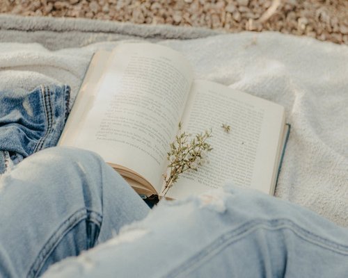 Mature person enjoying reading a book comfortably outdoors in soft light